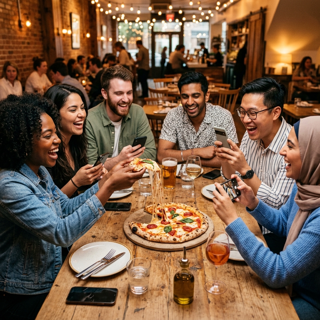 Amigos felizes compartilhando uma pizza deliciosa